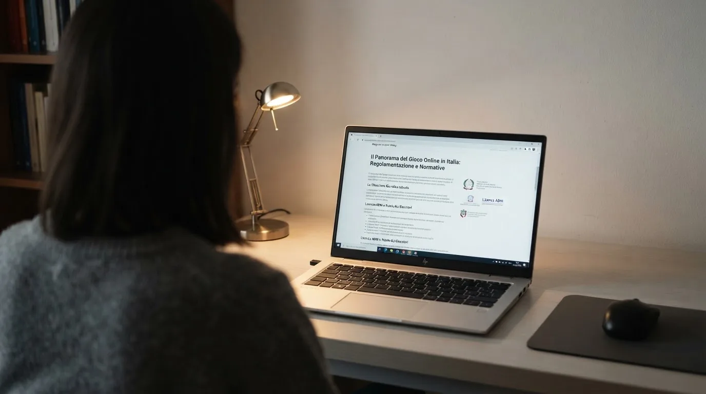 Persona davanti a un portatile che legge una pagina informativa sul gioco online in Italia — 100 giri gratis senza deposito
