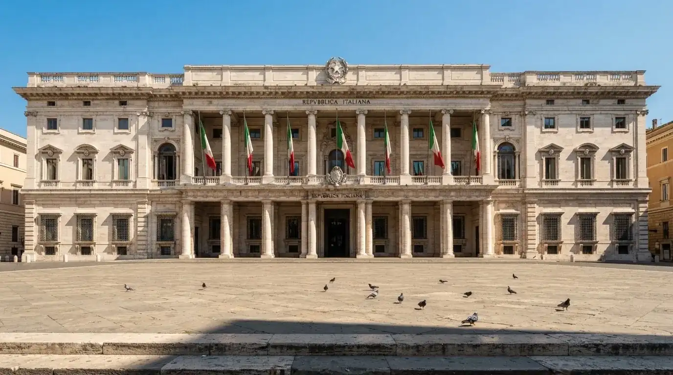 Palazzo istituzionale con bandiere al vento in una piazza soleggiata — 100 giri gratis senza deposito