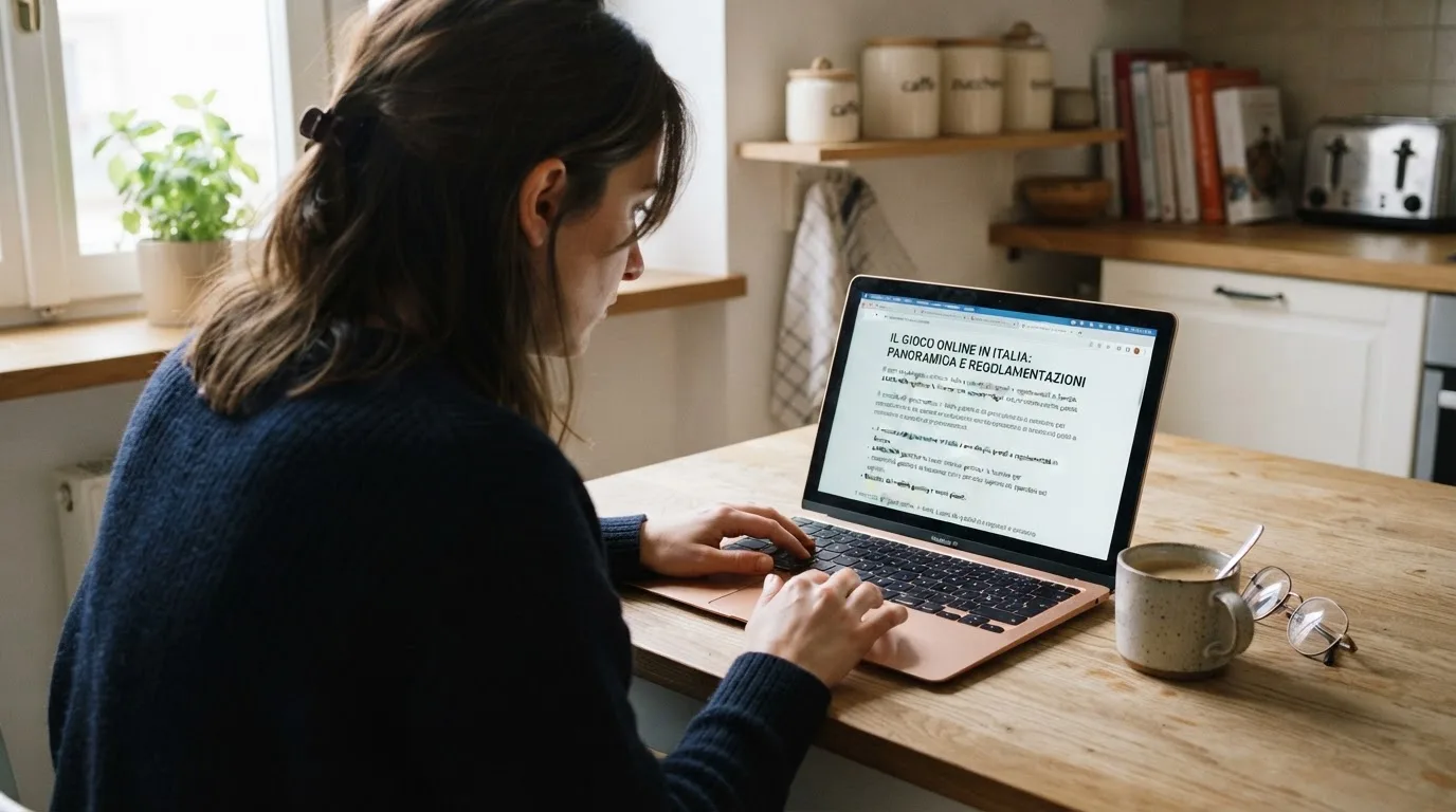 Persona davanti a un portatile che legge una pagina informativa sul gioco online in Italia — 25, 30, 50, 100, 200 giri gratis senza deposito