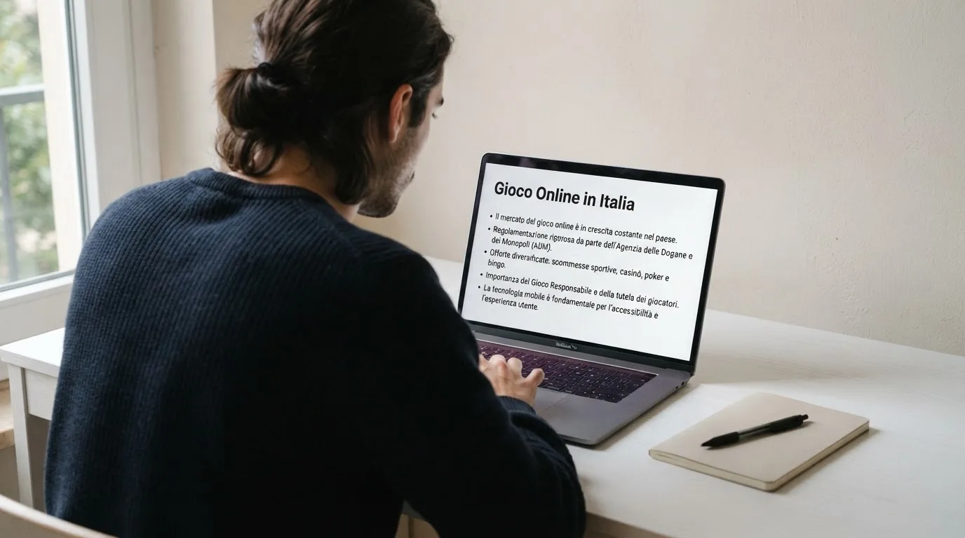 Persona davanti a un portatile che legge una pagina informativa sul gioco online in Italia — 50 free spins senza deposito