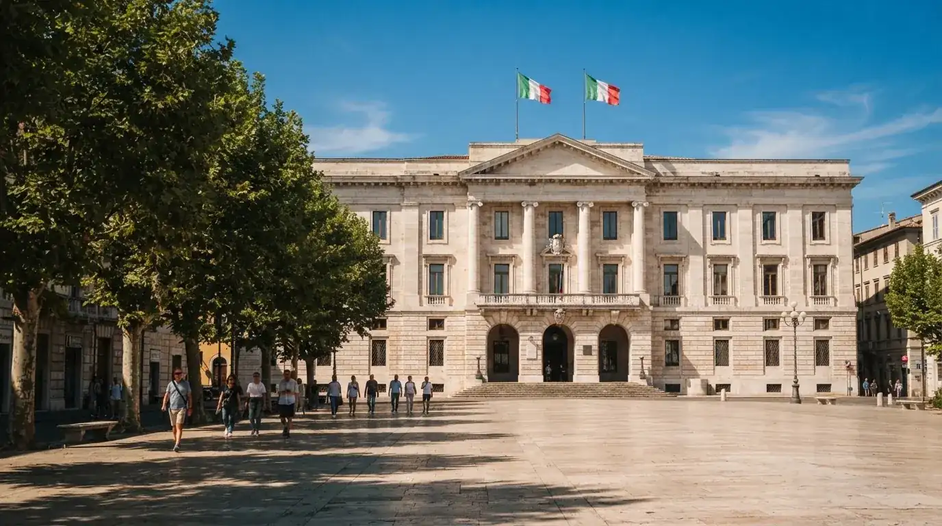Palazzo istituzionale con bandiere al vento in una piazza soleggiata — 50 free spins senza deposito