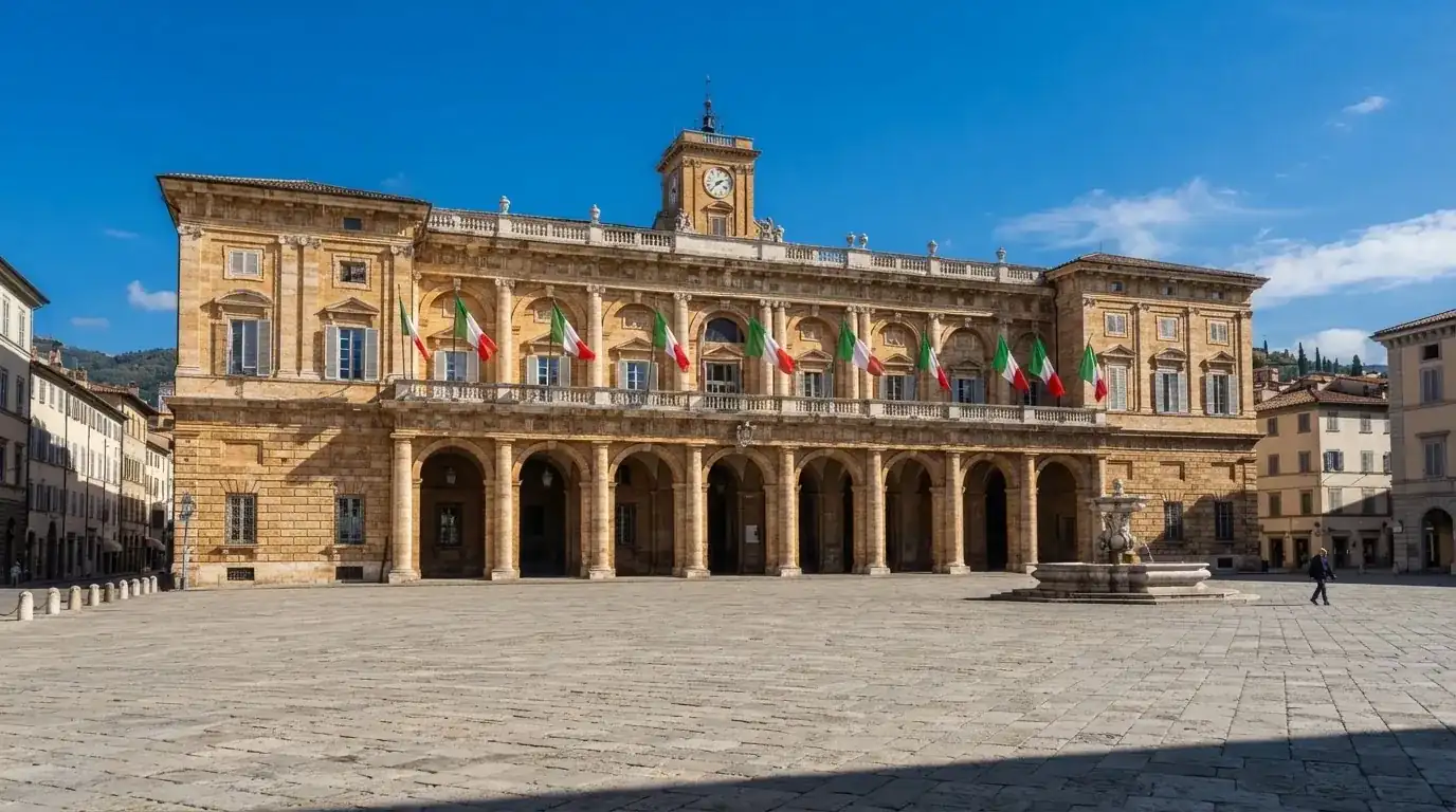 Palazzo istituzionale con bandiere al vento in una piazza soleggiata — big time gaming live casino italia