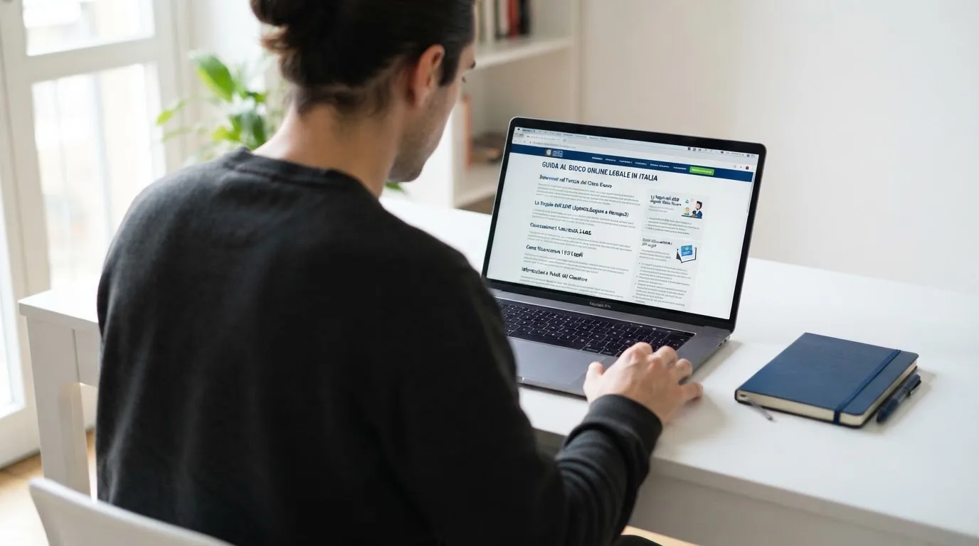 Persona davanti a un portatile che legge una pagina informativa sul gioco online in Italia — casinò che accettano bitcoin