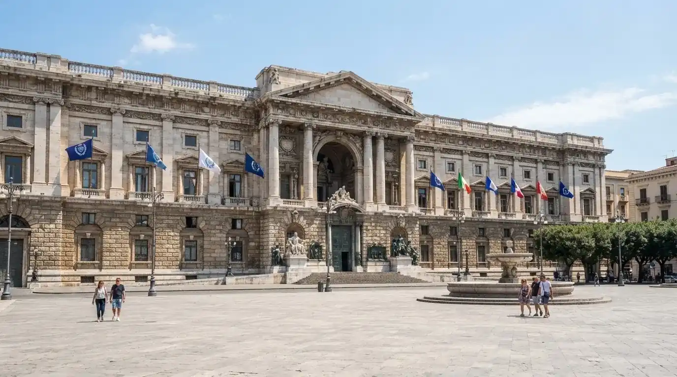 Palazzo istituzionale con bandiere al vento in una piazza soleggiata — casinò che accettano bitcoin