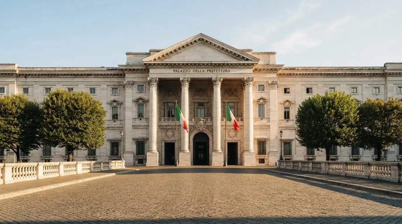 Palazzo istituzionale con bandiere al vento in una piazza soleggiata — casino com app android