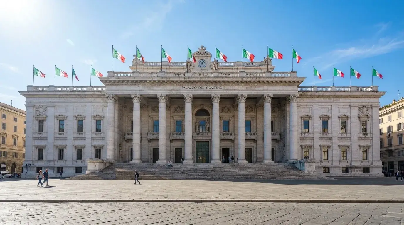 Palazzo istituzionale con bandiere al vento in una piazza soleggiata — casino com app iphone