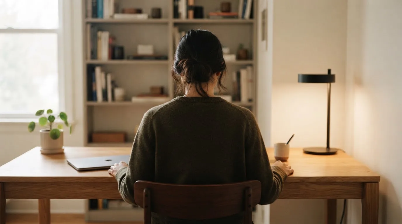 Una persona seduta a una scrivania minimalista con un laptop chiuso e una lampada accesa in un ufficio domestico ordinato.