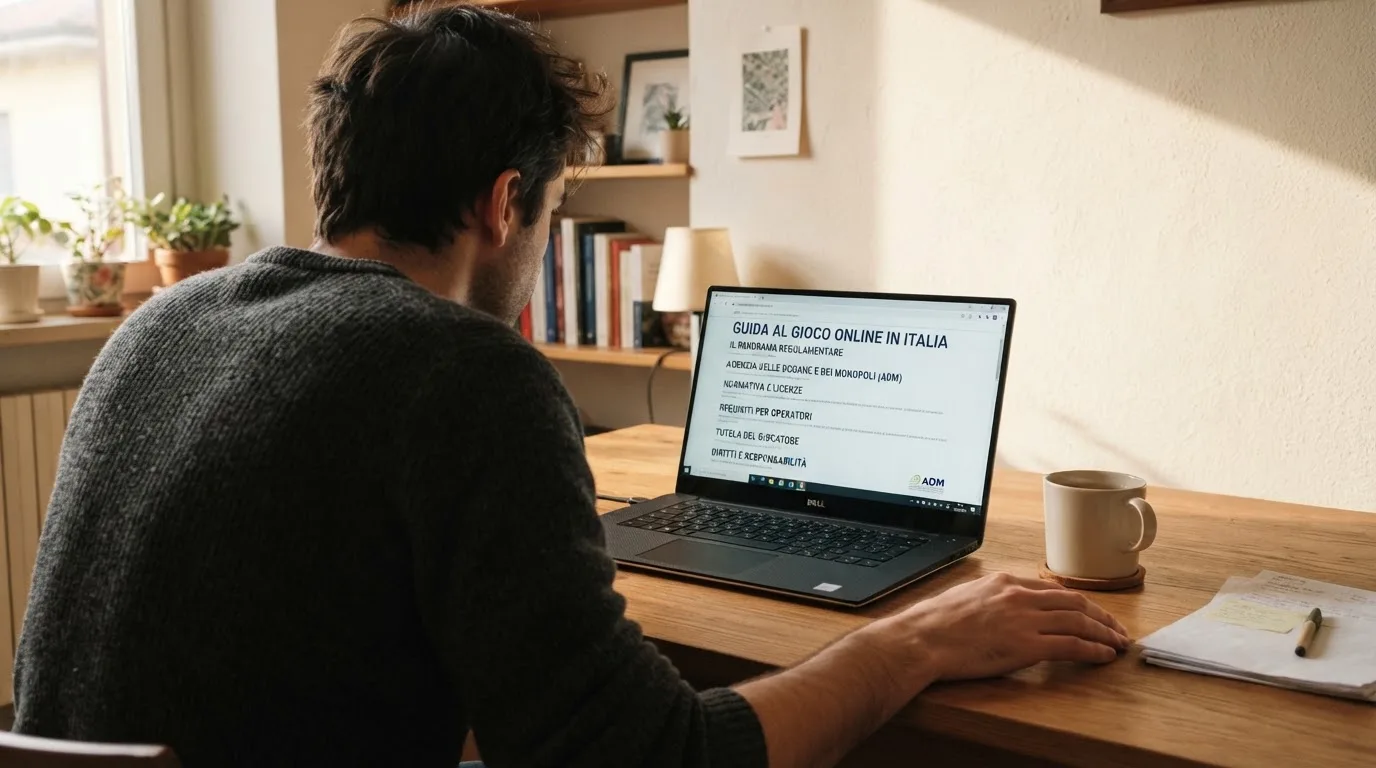 Persona davanti a un portatile che legge una pagina informativa sul gioco online in Italia — casino dal vivo online