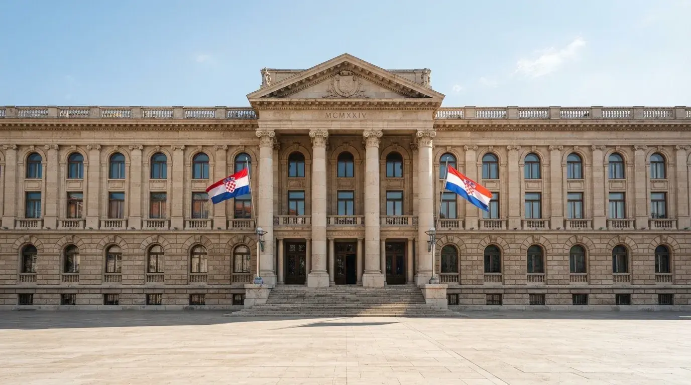 Palazzo istituzionale con bandiere al vento in una piazza soleggiata — casino deposito minimo 1, 5, 10 e 20 euro