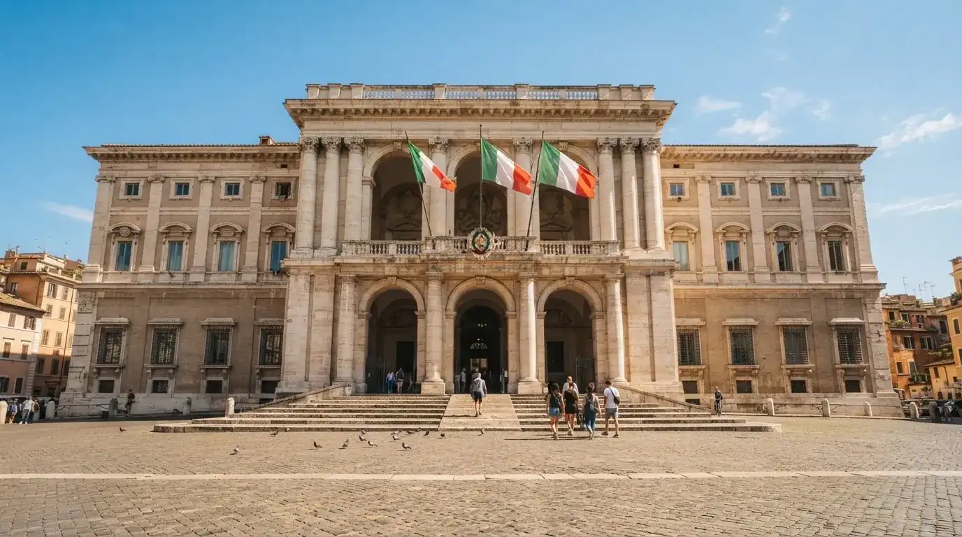 Palazzo istituzionale con bandiere al vento in una piazza soleggiata — casino deposito minimo 1 euro