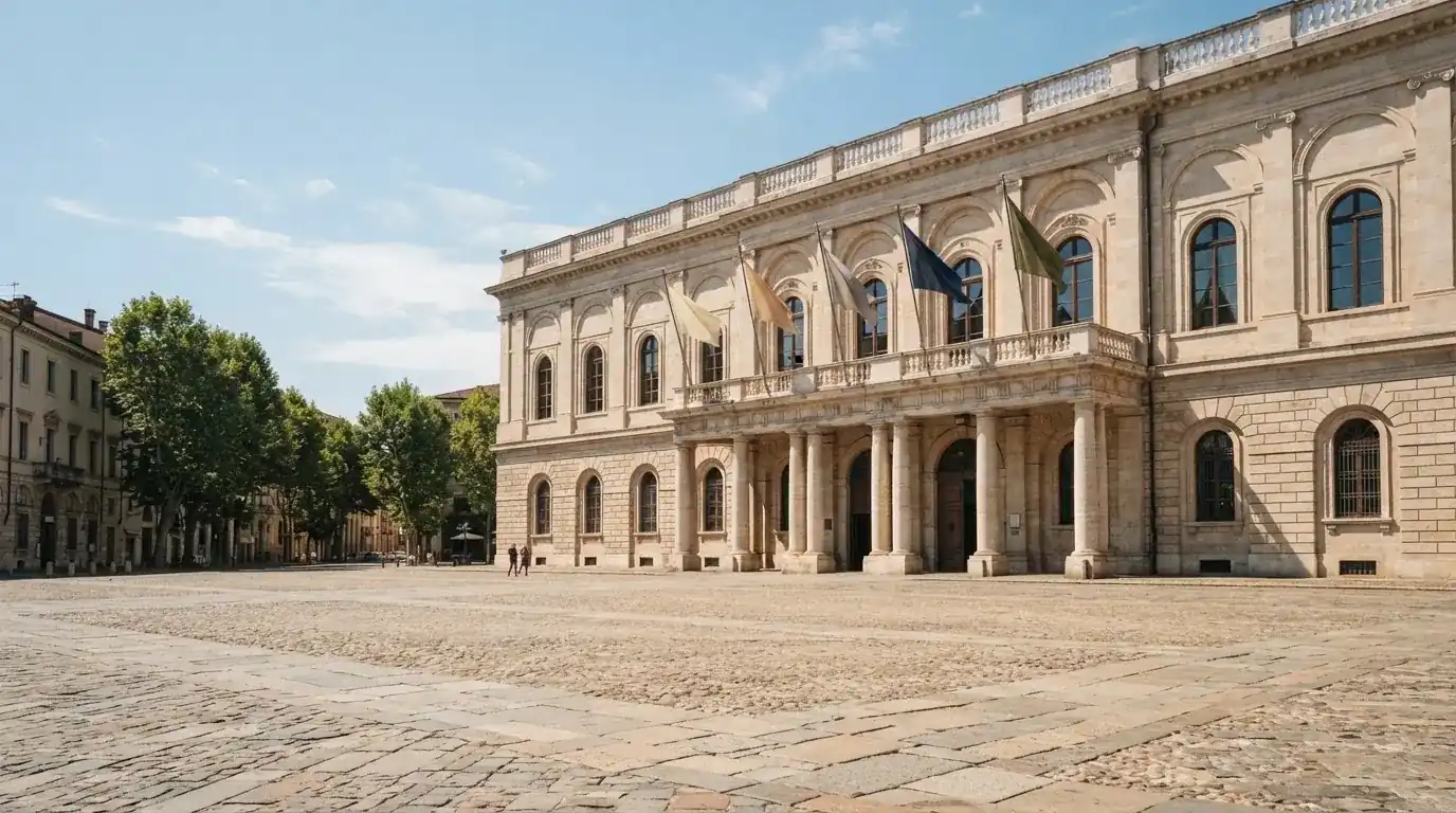 Palazzo istituzionale con bandiere al vento in una piazza soleggiata — casino deposito minimo 10 centesimi