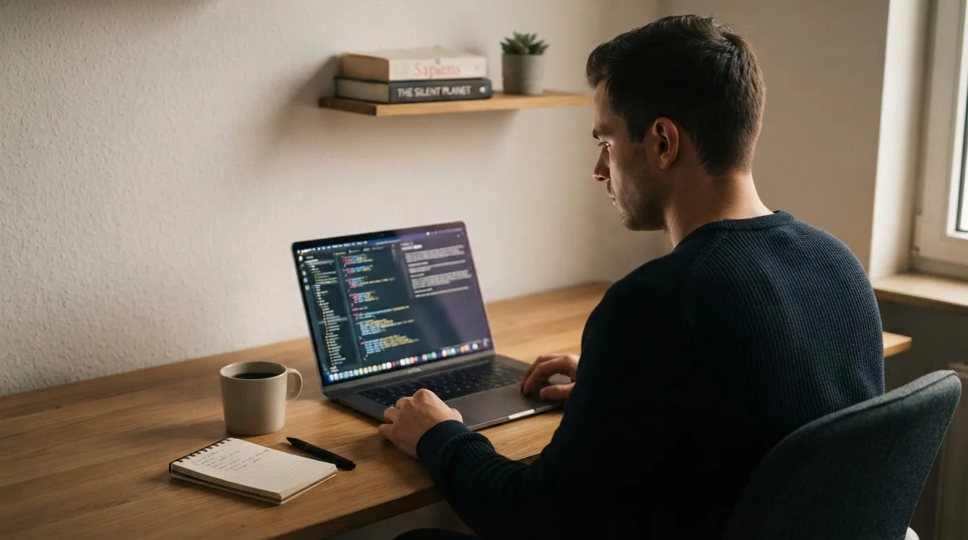 Un uomo seduto alla scrivania osserva pensieroso il monitor di un computer portatile, in una stanza ordinata con una tazza di caffè accanto.