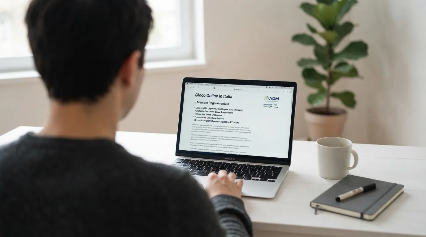 Persona davanti a un portatile che legge una pagina informativa sul gioco online in Italia — casino metodi di pagamento italia