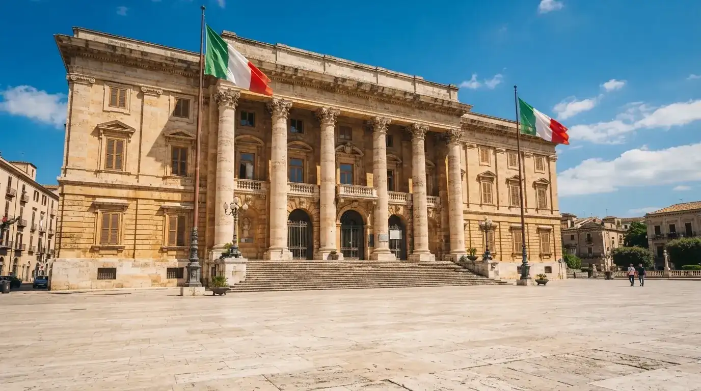 Palazzo istituzionale con bandiere al vento in una piazza soleggiata — casino metodi di pagamento italia