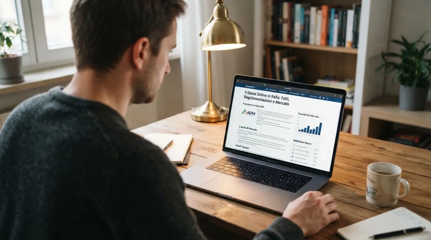 Persona davanti a un portatile che legge una pagina informativa sul gioco online in Italia — casino no adm