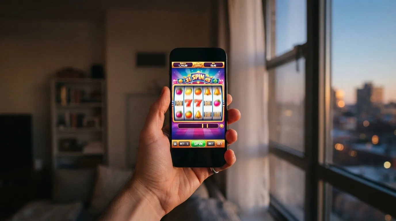 Mano che tiene uno smartphone accanto a una finestra, luce serale tranquilla — casino no adm