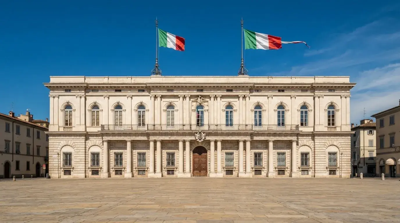 Palazzo istituzionale con bandiere al vento in una piazza soleggiata — casino non aams affidabili