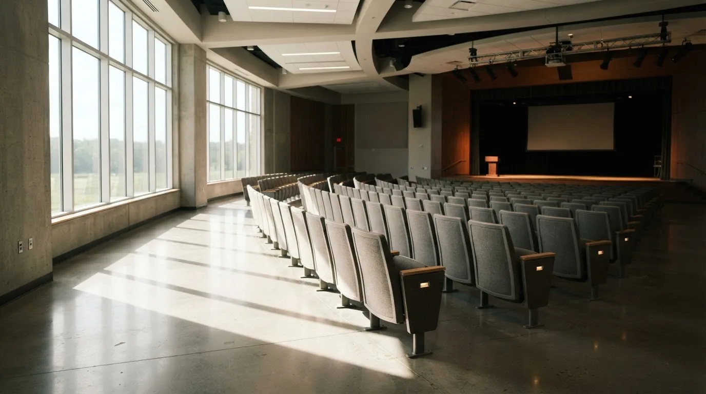 Una fila ordinata di sedie vuote disposte in un auditorium moderno illuminato da ampie finestre.