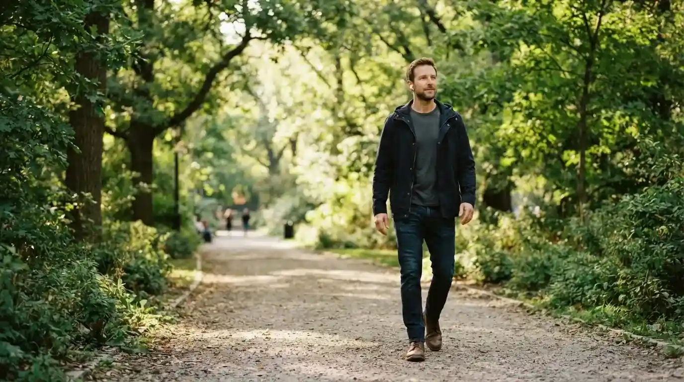 Un uomo cammina all'aperto in un parco cittadino indossando cuffie, lontano da qualsiasi dispositivo elettronico acceso.