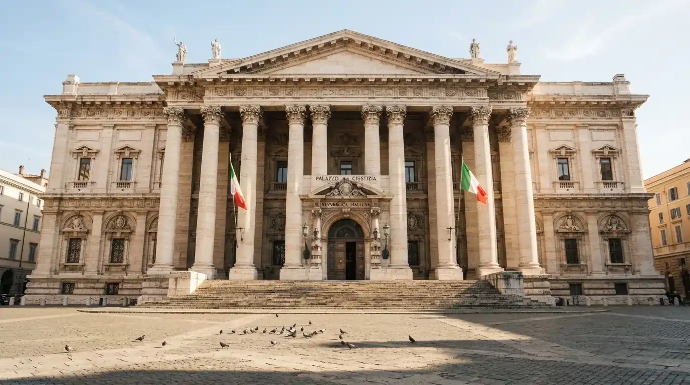 Palazzo istituzionale con bandiere al vento in una piazza soleggiata — casinò non aams che accettano dogecoin