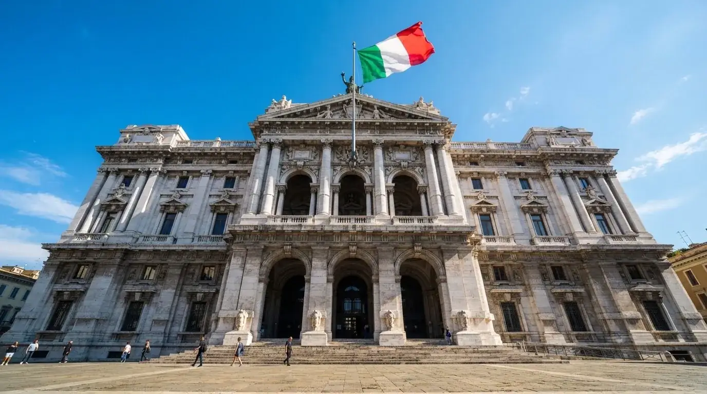 Un edificio governativo italiano con bandiera al vento fotografato dal basso in una giornata di sole.