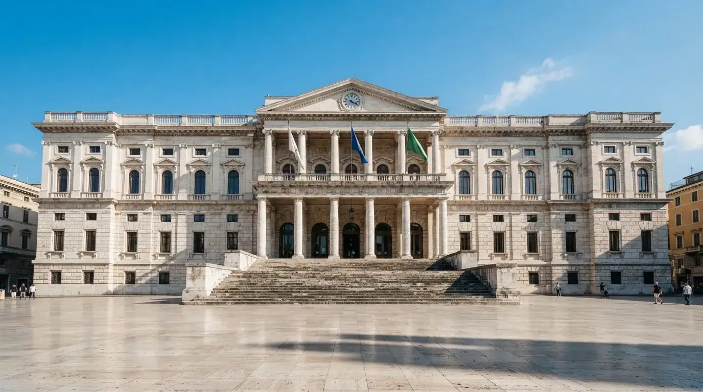 Palazzo istituzionale con bandiere al vento in una piazza soleggiata — casino non aams che accettano postepay
