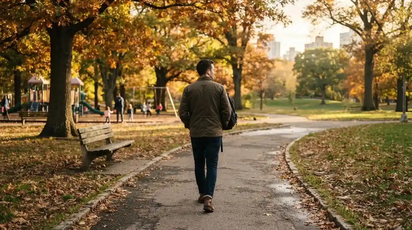 Un uomo cammina all'aperto in un parco cittadino indossando cuffie, lontano da qualsiasi dispositivo elettronico acceso.