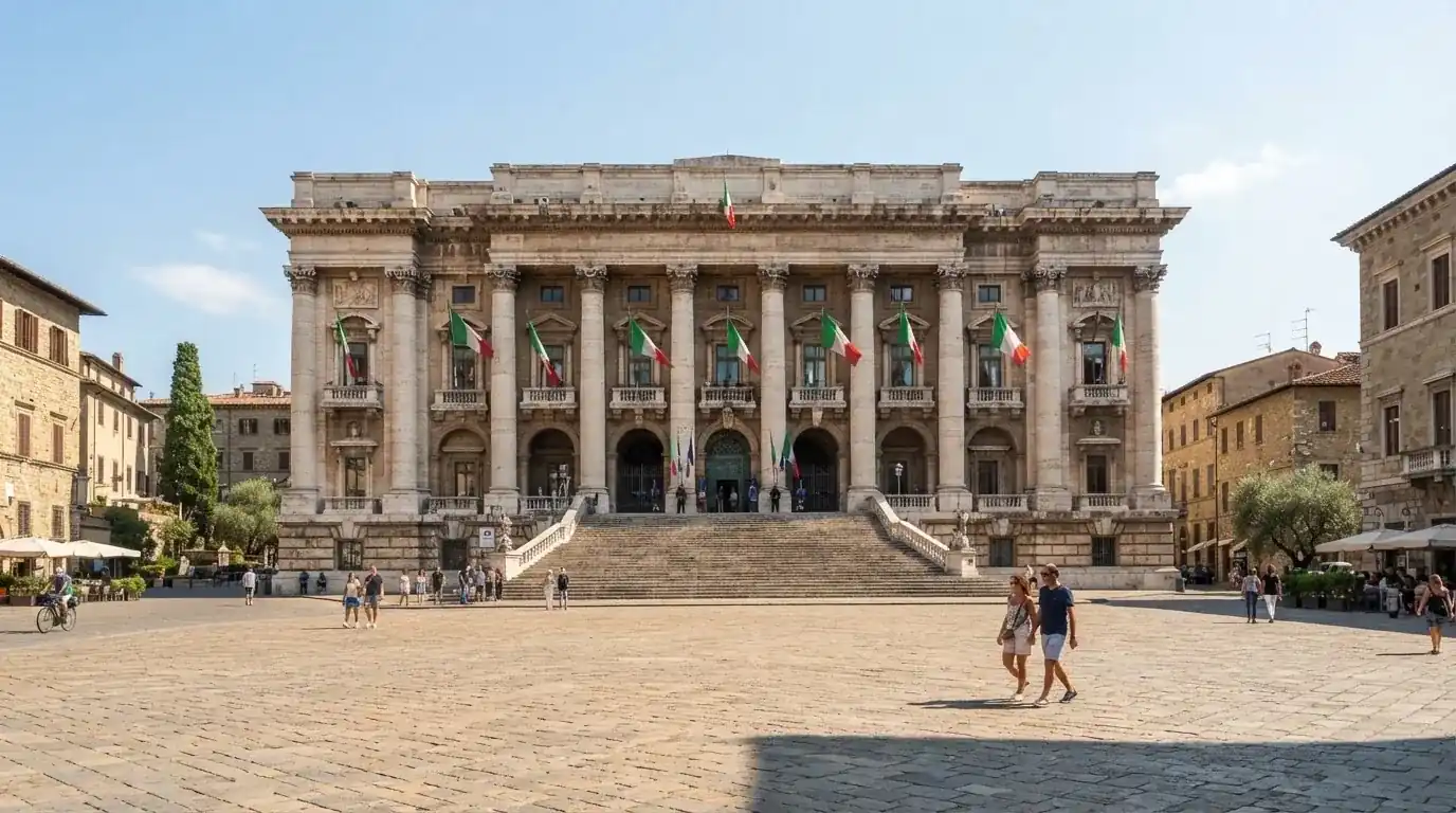 Palazzo istituzionale con bandiere al vento in una piazza soleggiata — casino online con algoritmo unbiased