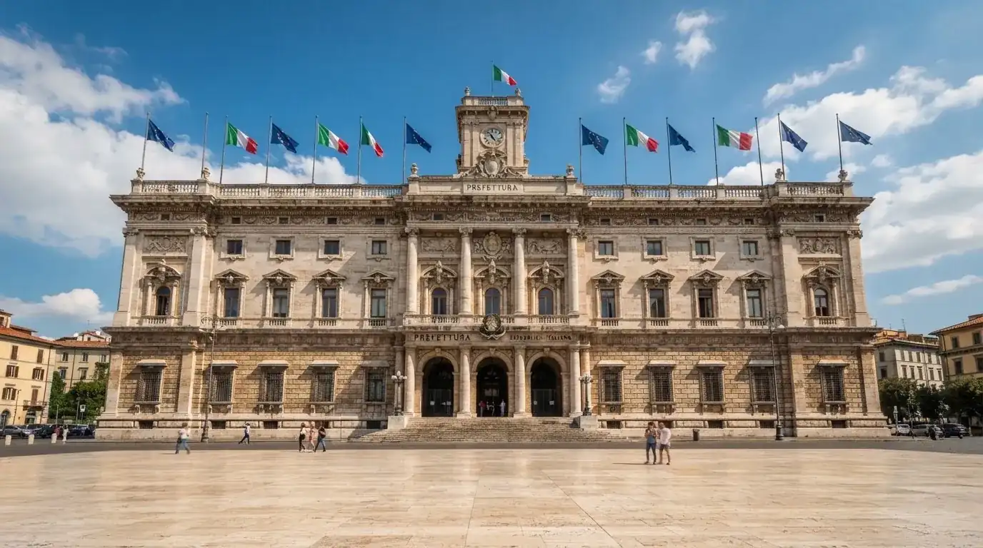 Palazzo istituzionale con bandiere al vento in una piazza soleggiata — casino online con bonus crab