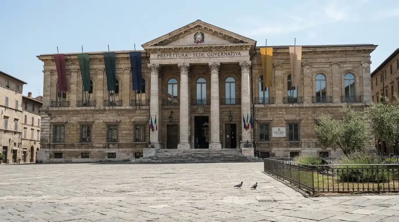 Palazzo istituzionale con bandiere al vento in una piazza soleggiata — casino online con cie