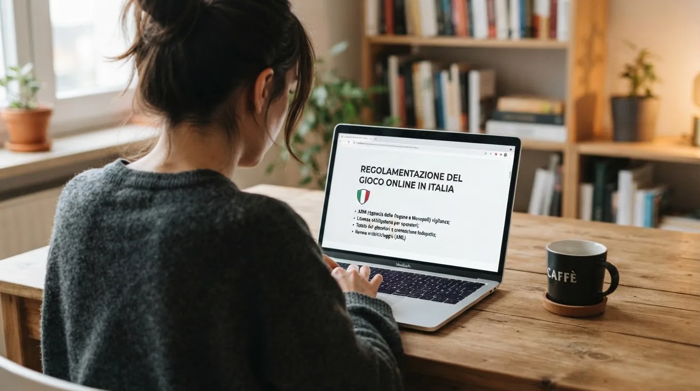 Persona davanti a un portatile che legge una pagina informativa sul gioco online in Italia — casino online con soldi finti