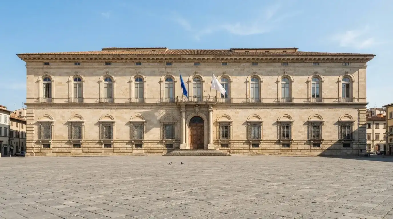 Palazzo istituzionale con bandiere al vento in una piazza soleggiata — casino online con soldi finti