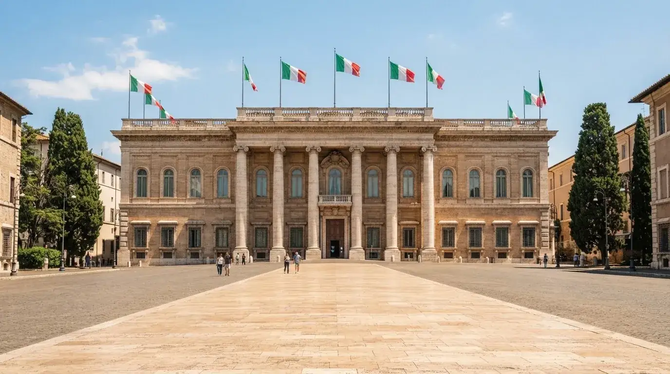 Palazzo istituzionale con bandiere al vento in una piazza soleggiata — casino online italiani senza autoesclusione