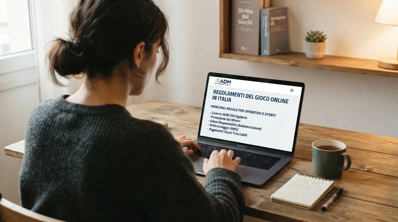 Persona davanti a un portatile che legge una pagina informativa sul gioco online in Italia — casino online sanremo