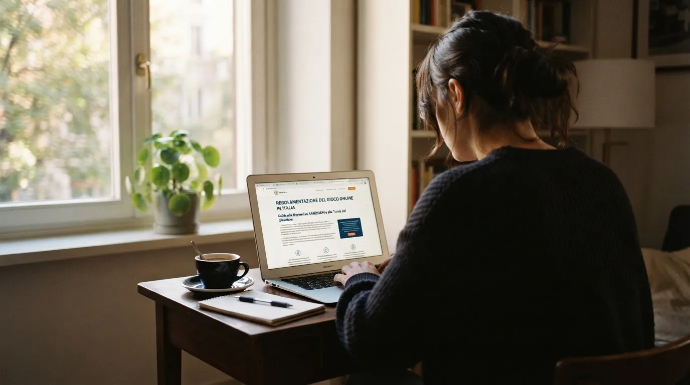 Persona davanti a un portatile che legge una pagina informativa sul gioco online in Italia — casino online senza registrazione