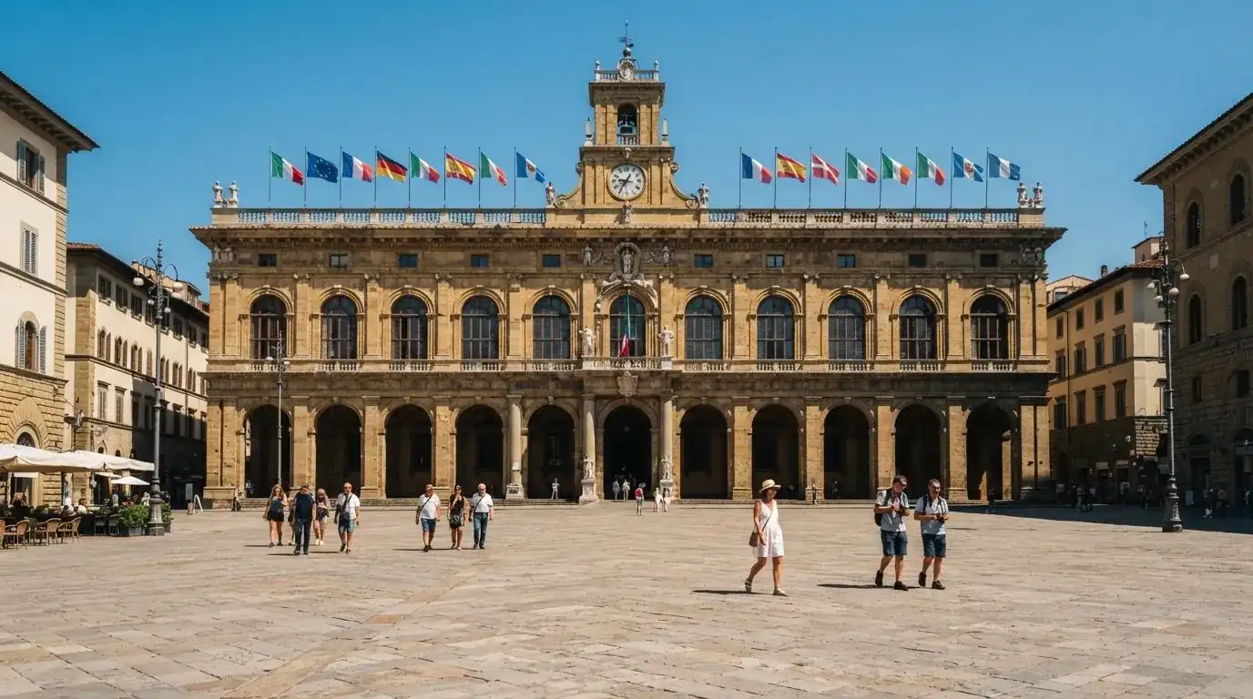 Palazzo istituzionale con bandiere al vento in una piazza soleggiata — casino online senza registrazione