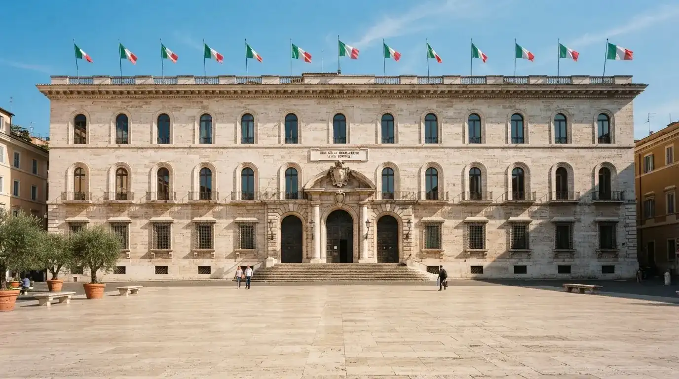 Palazzo istituzionale con bandiere al vento in una piazza soleggiata — casino senza codice fiscale