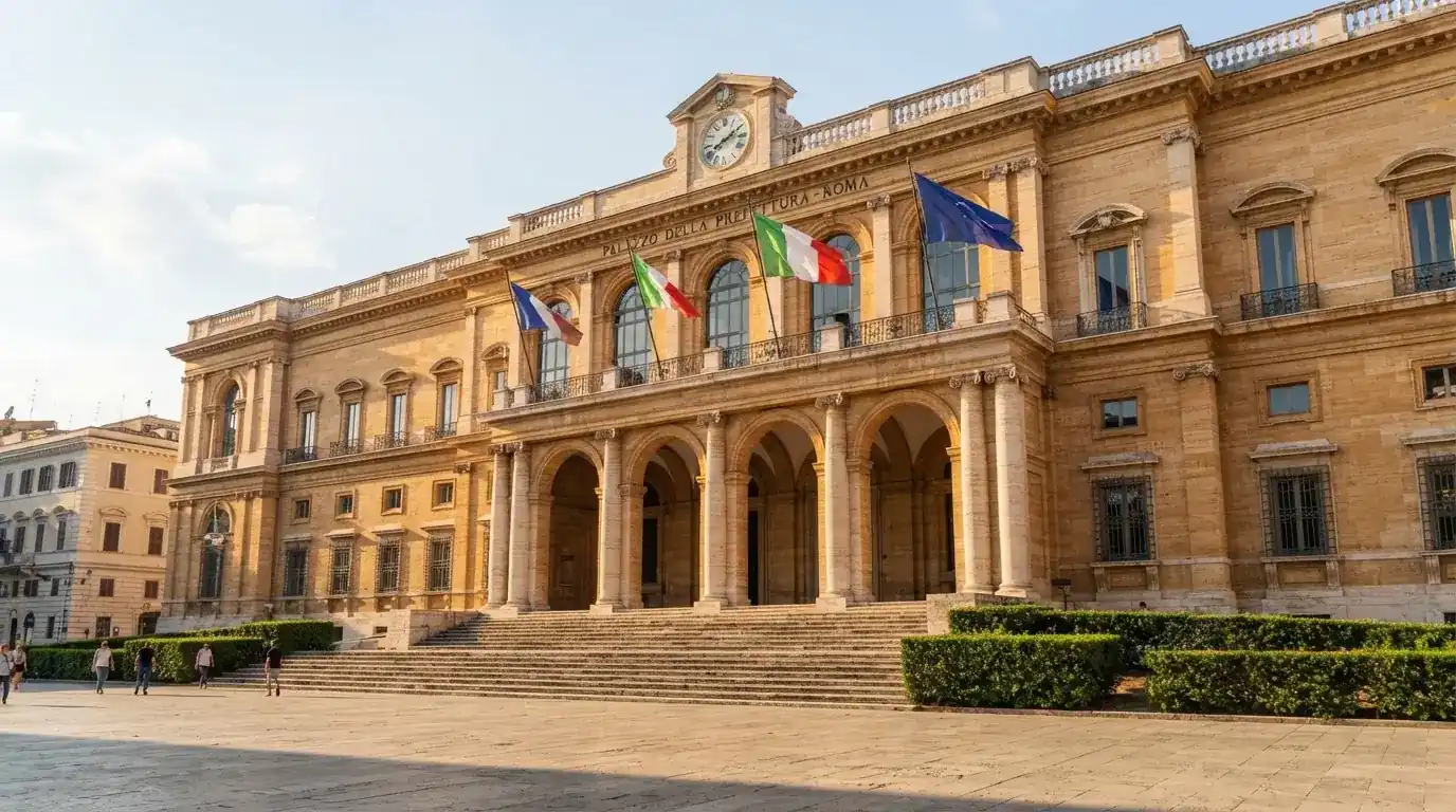 Palazzo istituzionale con bandiere al vento in una piazza soleggiata — casinò slot machines con rtp alto